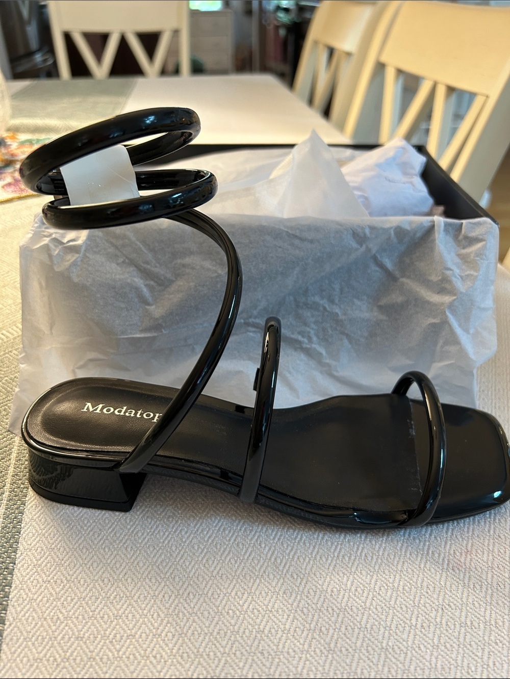 Modatorre Black Spiral Strap Low Block Heel Sandal
